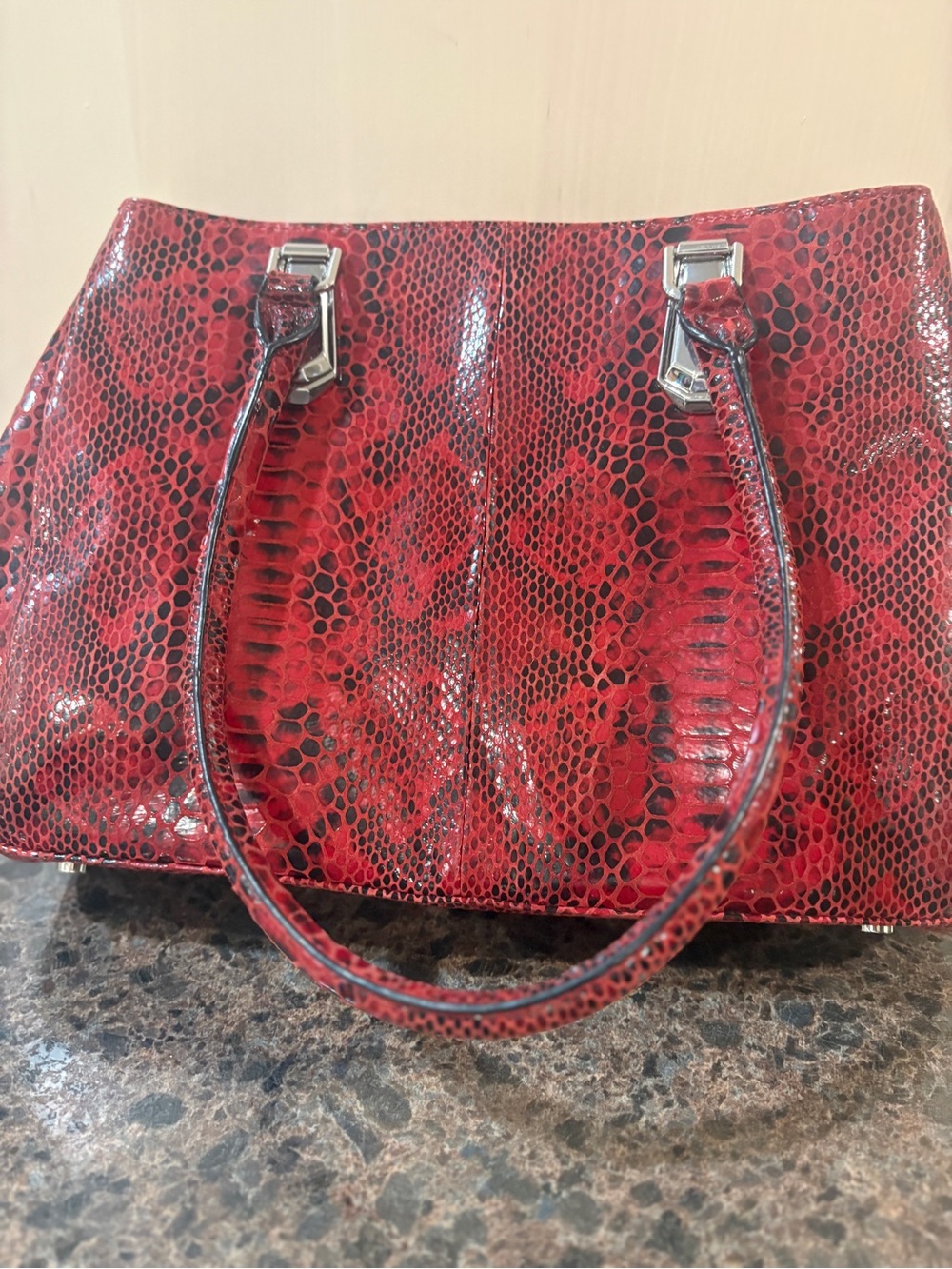 Danier Red Snake-Print Patent Leather Shoulder Bag